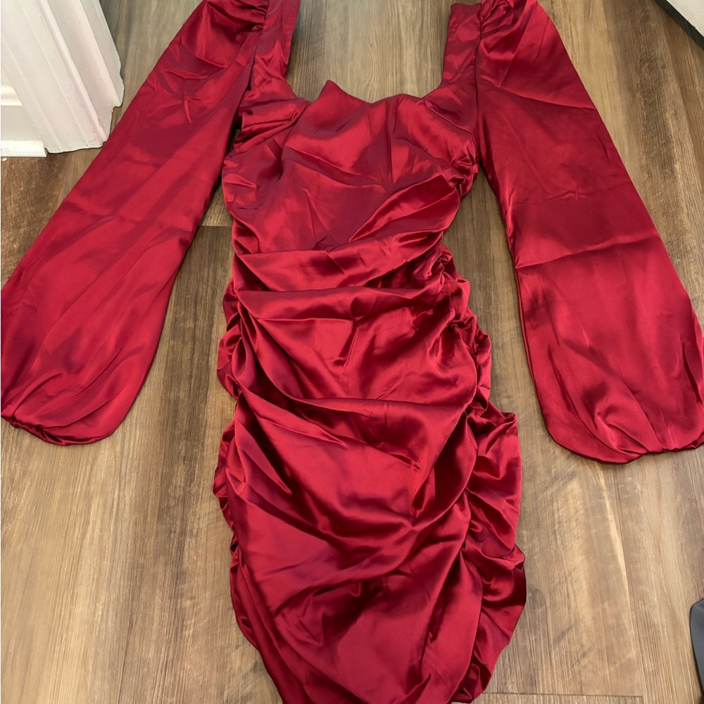 Oh Polly satin red puff sleeve dress